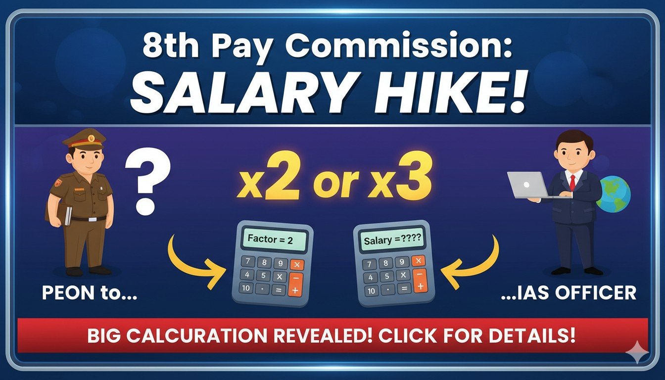 केंद्र सरकार कर्मचारियों की सैलरी कैलकुलेशन दिखाती टेबल के साथ 8वें वेतन आयोग का ग्राफिक प्रतिनिधित्व