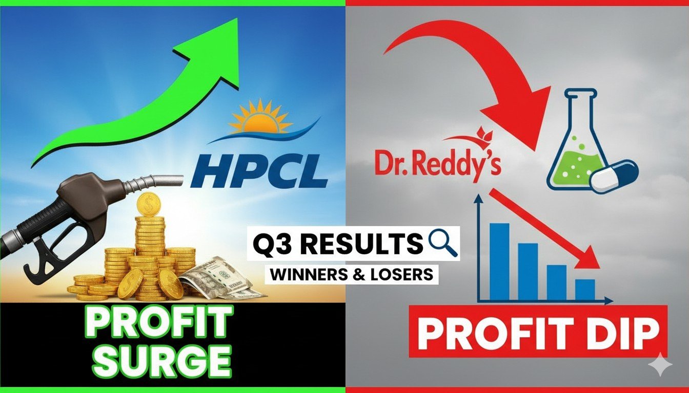 HPCL और Dr Reddys की Q3 फाइनेंशियल रिपोर्ट दिखाती ग्राफिक इमेज।