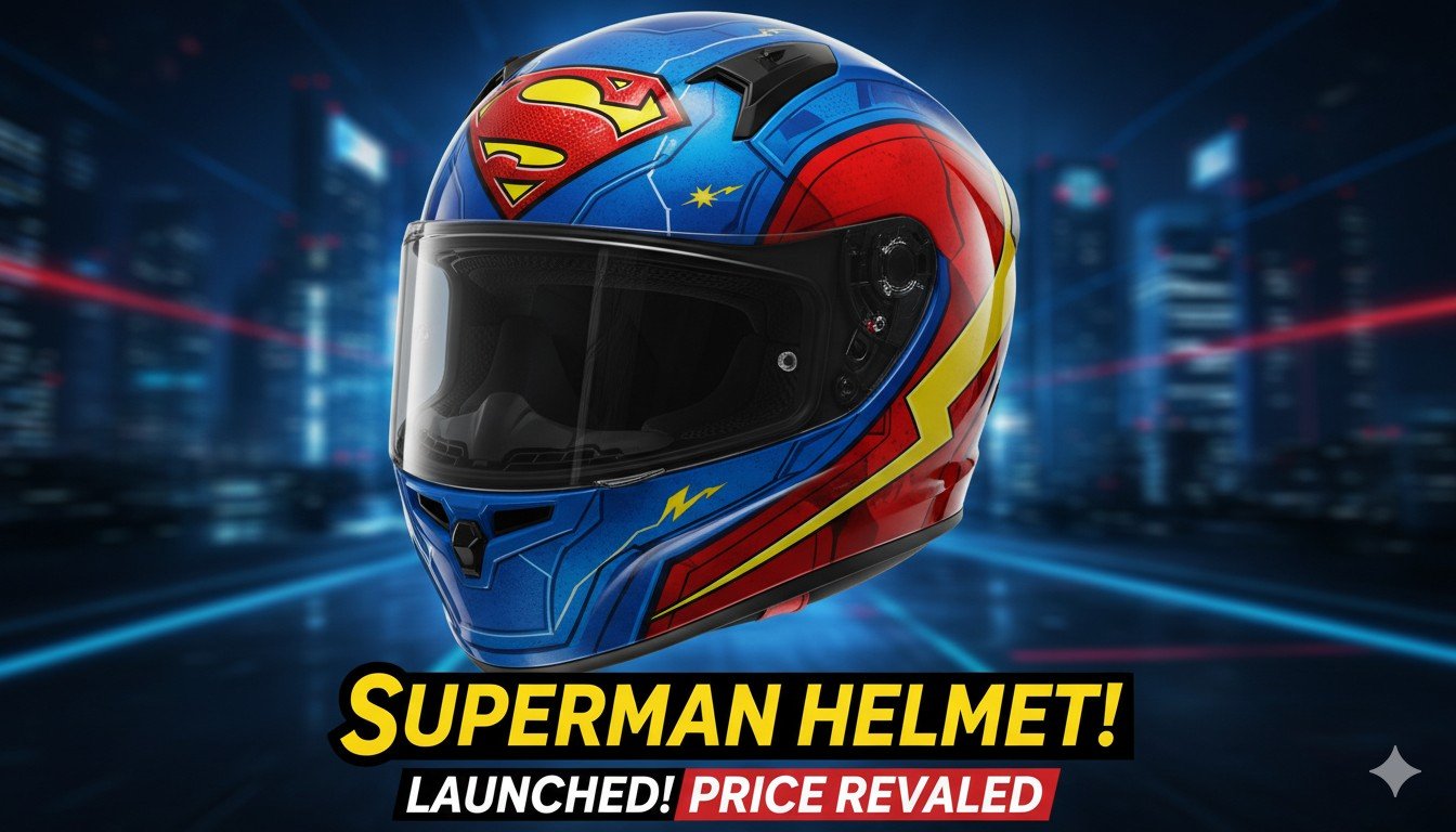 Studds Trooper Superman Edition हेलमेट का फ्रंट व्यू, नीले-लाल कलर्स में Superman ग्राफिक्स के साथ