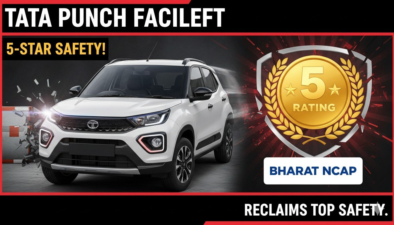 टाटा पंच फेसलिफ्ट क्रैश टेस्ट इमेज दिखाते हुए Bharat NCAP 5-स्टार रेटिंग।