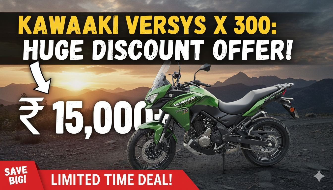 Kawasaki Versys X 300 motorcycle in green color with discount tag