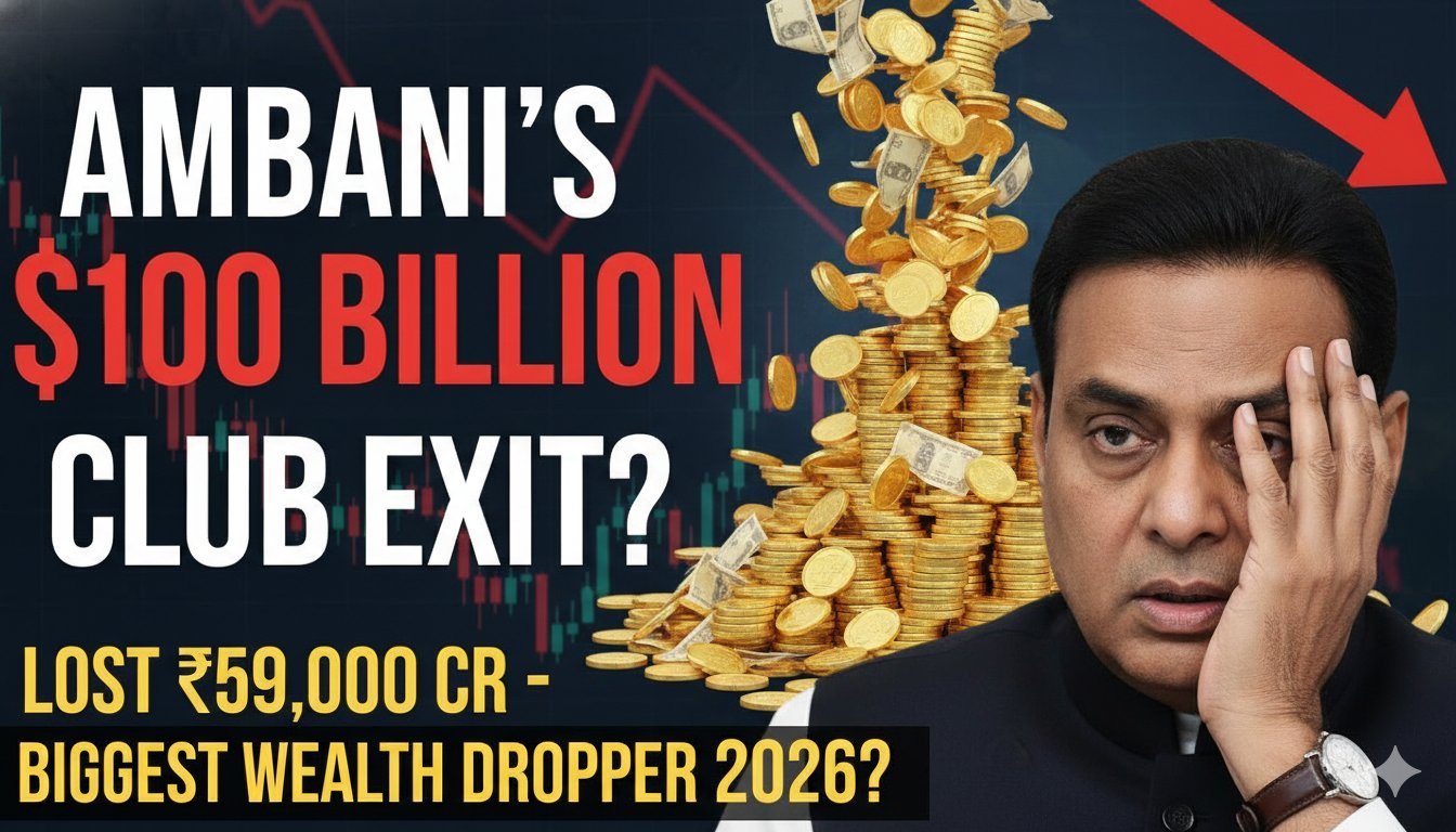 मुकेश अंबानी की तस्वीर के साथ गिरते हुए स्टॉक ग्राफ, जो उनकी संपत्ति में गिरावट दर्शाता है