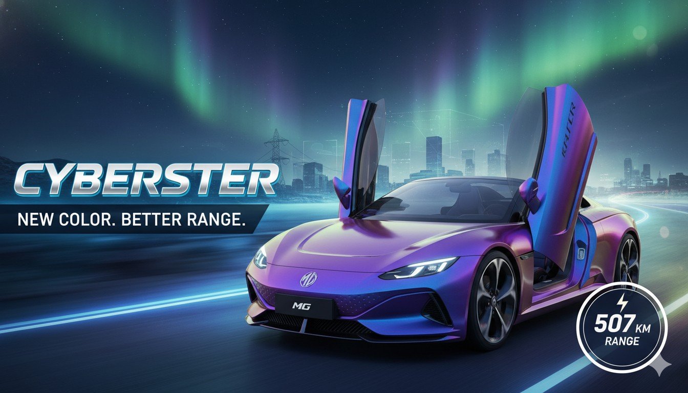 ऑल्ट टेक्स्ट फॉर फीचर्ड इमेज: एमजी साइबरस्टर नए आइरिसेस सायन कलर में, इलेक्ट्रिक रोडस्टर की साइड व्यू