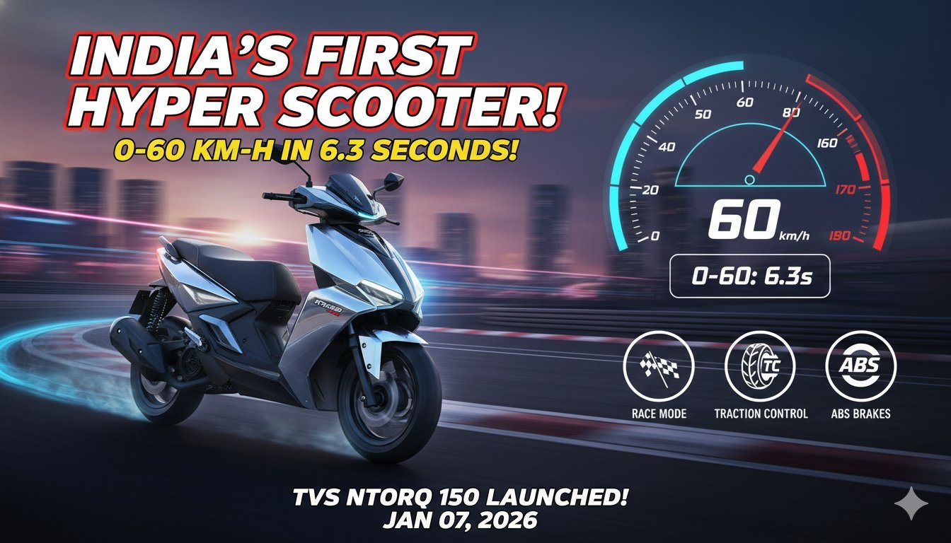 टीवीएस एनटॉर्क 150 स्कूटर रेसिंग रेड कलर में साइड व्यू, हाइपर स्पोर्ट डिजाइन और प्रोजेक्टर हेडलैंप्स के साथ