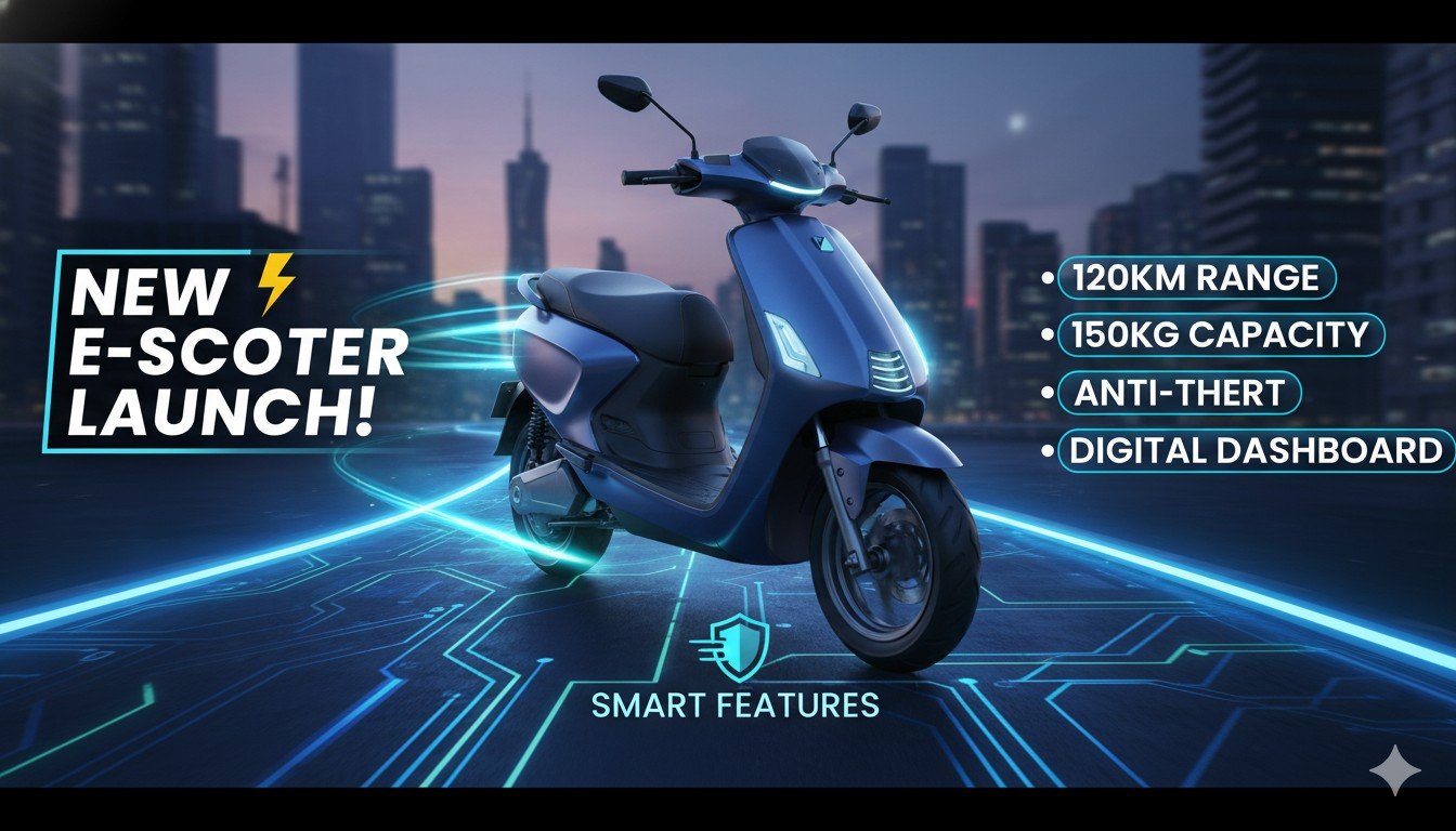 बजाज चेतक ई-स्कूटर का फ्रंट व्यू, नीले रंग में डिजिटल डैशबोर्ड के साथ।