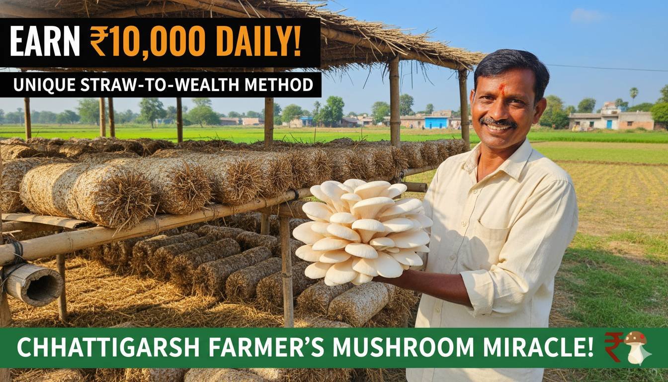 छत्तीसगढ़ के किसान राजेंद्र कुमार साहू आम के पेड़ों के नीचे पराली पर मशरूम उगाते हुए।