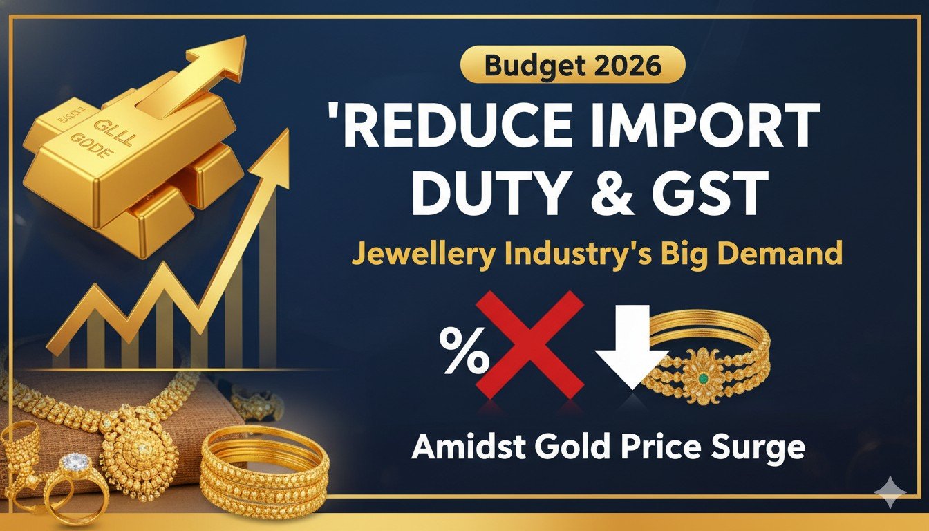 सोने की ज्वेलरी और बजट दस्तावेजों की छवि, जिसमें इंपोर्ट ड्यूटी और GST कमी की मांग दर्शाई गई है।