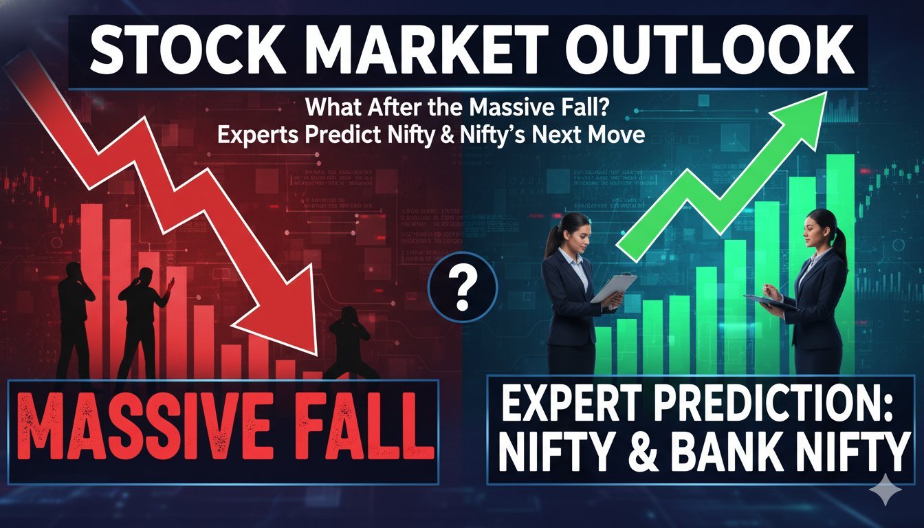 शेयर बाजार में गिरावट दिखाता ग्राफ, निफ्टी और सेंसेक्स के स्तरों के साथ
