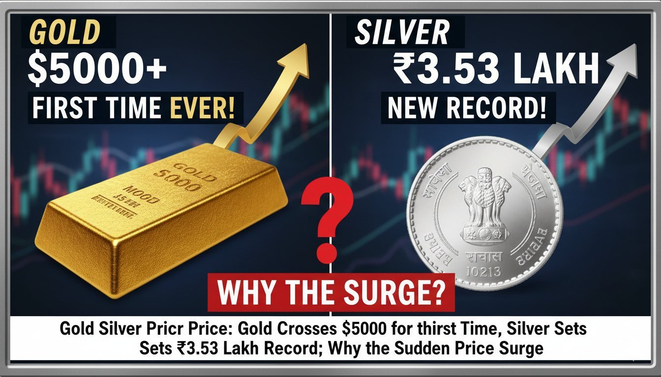 सोने और चांदी की बढ़ती कीमतों का चार्ट दिखाते हुए ग्राफिक