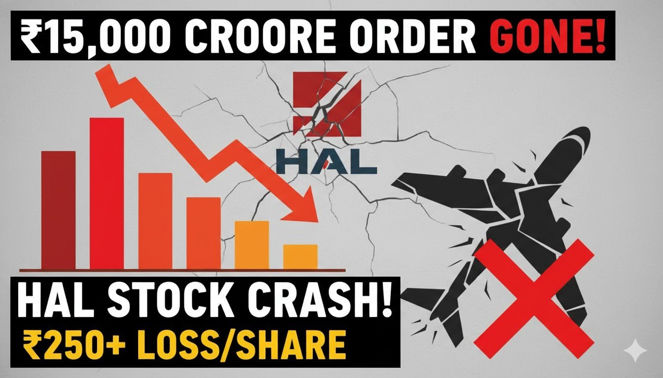 HAL स्टॉक चार्ट में गिरावट दिखाते हुए ग्राफ के साथ AMCA फाइटर जेट की इमेज