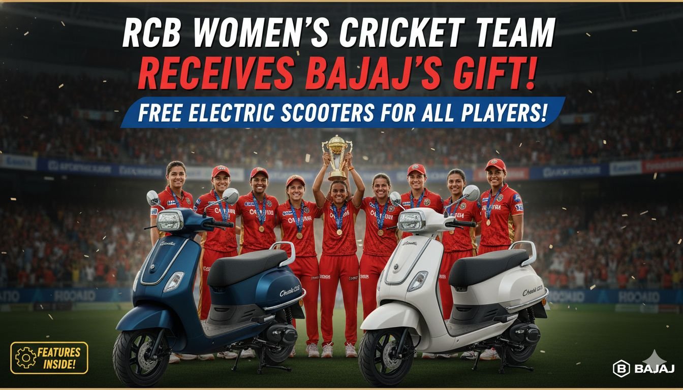 RCB women's cricket team members posing with Bajaj Chetak C25 electric scooters in various colors after WPL 2026 victory