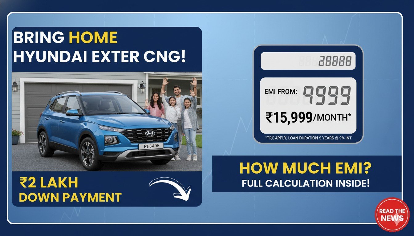 Alt Text for featured image : Hyundai Exter CNG वेरिएंट की फ्रंट व्यू, नीले रंग में पार्क की हुई कार