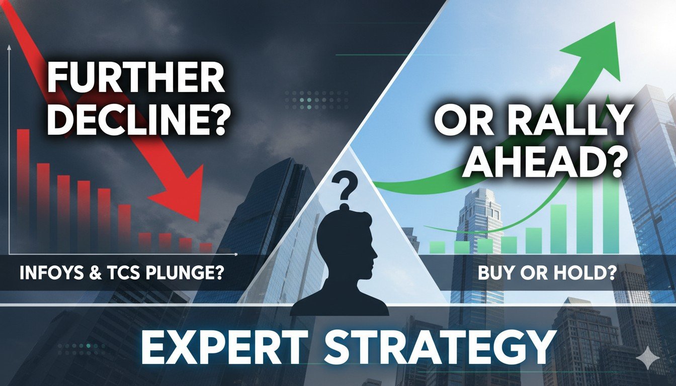 भारतीय आईटी शेयरों में गिरावट, इंफोसिस और टीसीएस स्टॉक चार्ट के साथ एनआईएफटीआईटी इंडेक्स का ग्राफ दिखाता हुआ