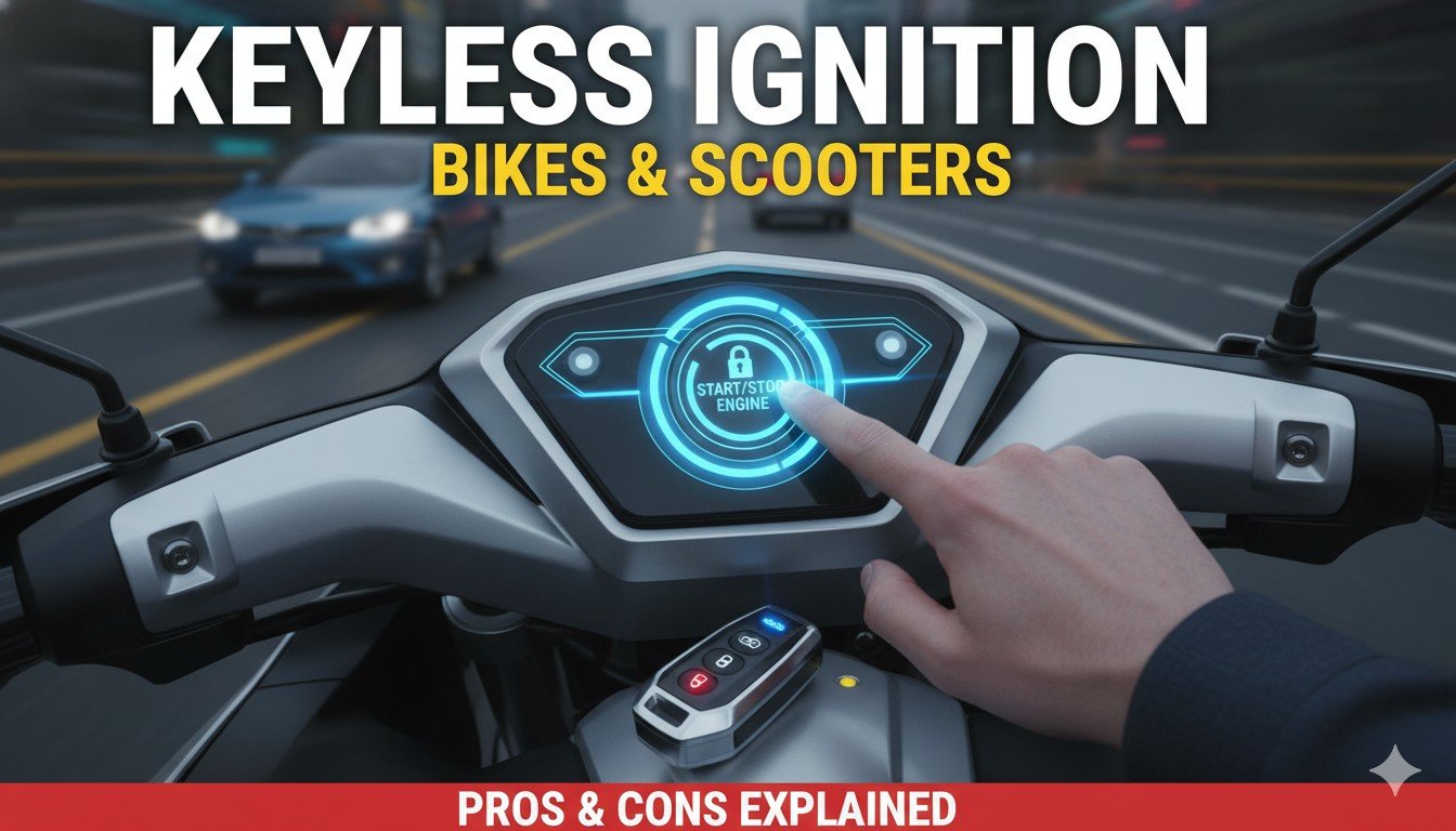 कीलेस इग्निशन वाली मॉडर्न स्कूटर की इमेज, जिसमें पुश-बटन स्टार्ट दिख रहा है।