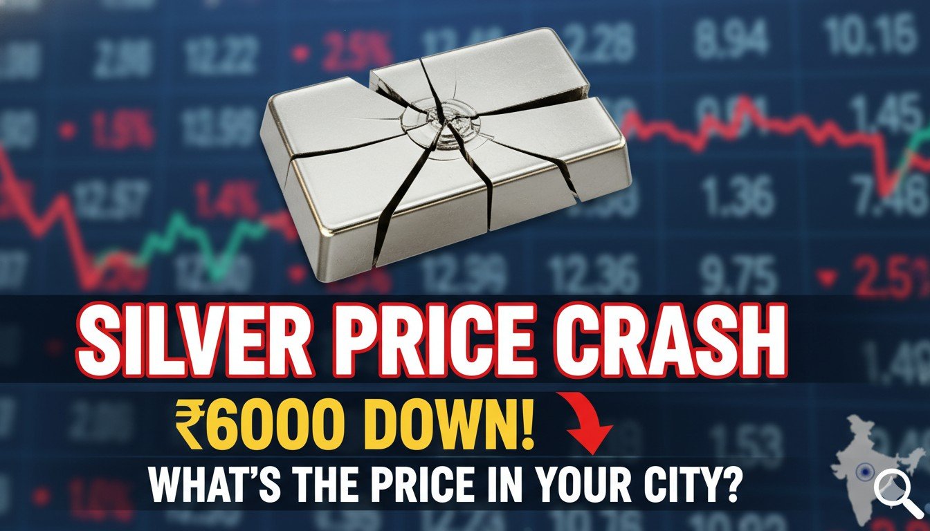 चांदी के सिक्के और बार के साथ गिरते भाव का ग्राफ दिखाता हुआ इमेज, भारत में आज के silver price crash को दर्शाता