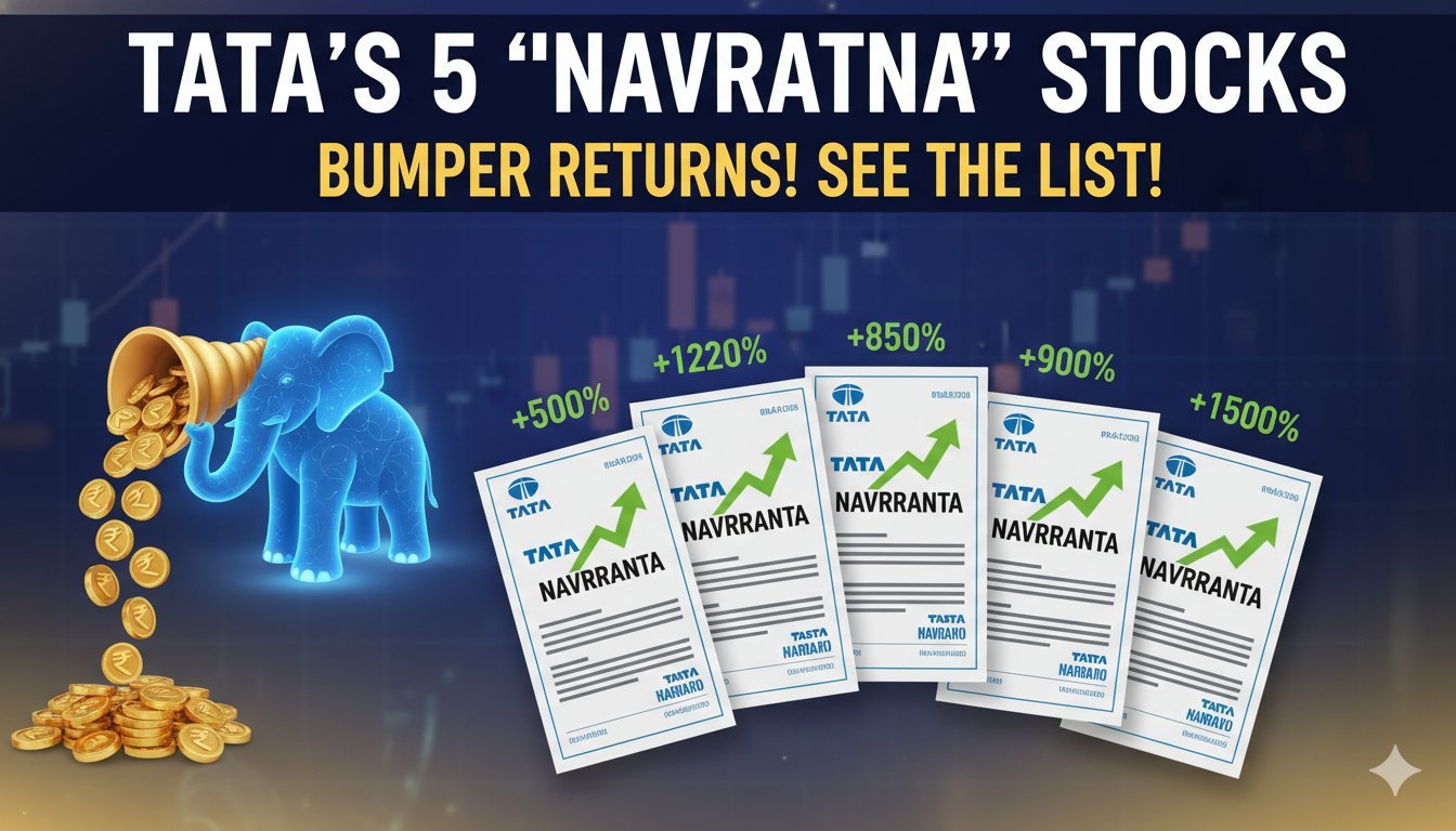 टाटा ग्रुप के प्रमुख शेयरों का ग्राफ दिखाता हुआ इमेज, जिसमें टाटा पावर, टाइटन, टाटा मोटर्स जैसे स्टॉक्स के हाई रिटर्न हाइलाइटेड हैं