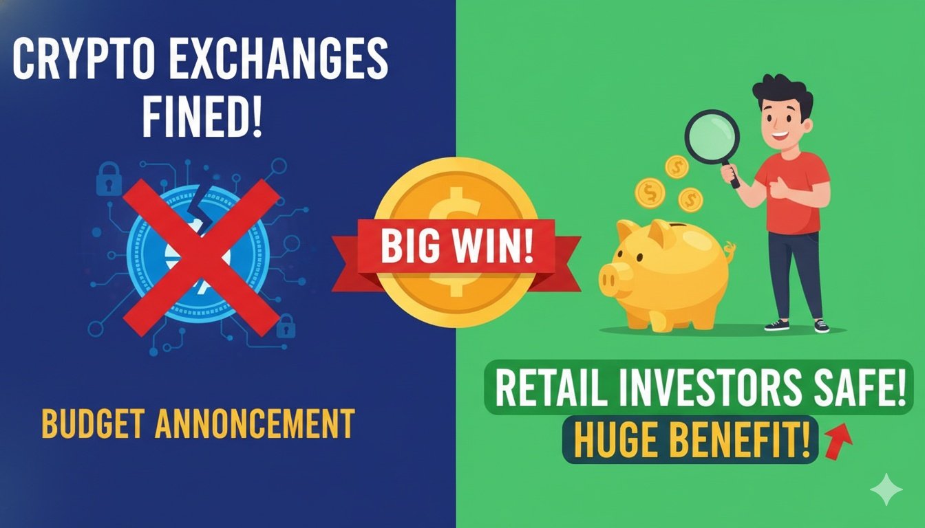 केंद्रीय बजट 2026 में क्रिप्टो एक्सचेंज पेनल्टी ऐलान की ग्राफिक इमेज