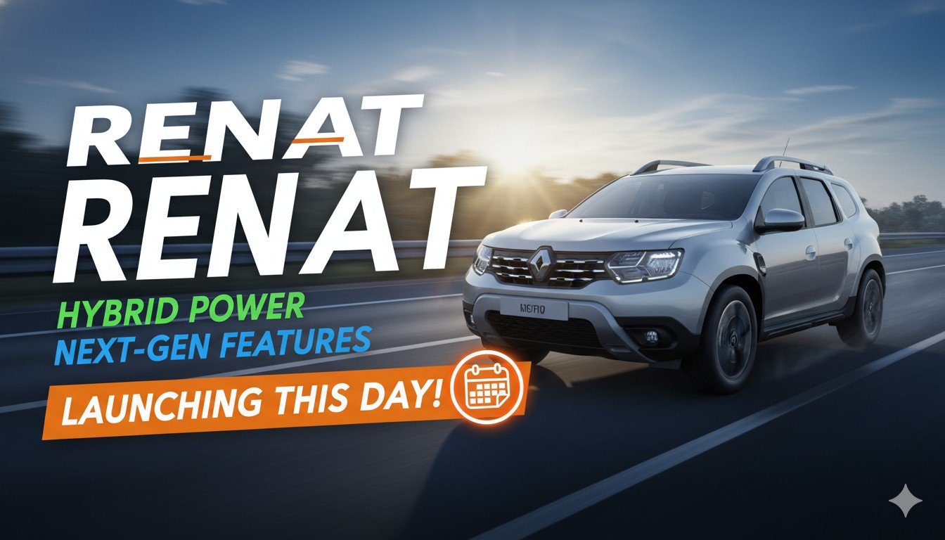नई रेनॉल्ट डस्टर हाइब्रिड SUV फ्रंट व्यू में बोल्ड ग्रिल और LED हेडलाइट्स के साथ, भारत में दिवाली 2026 लॉन्च