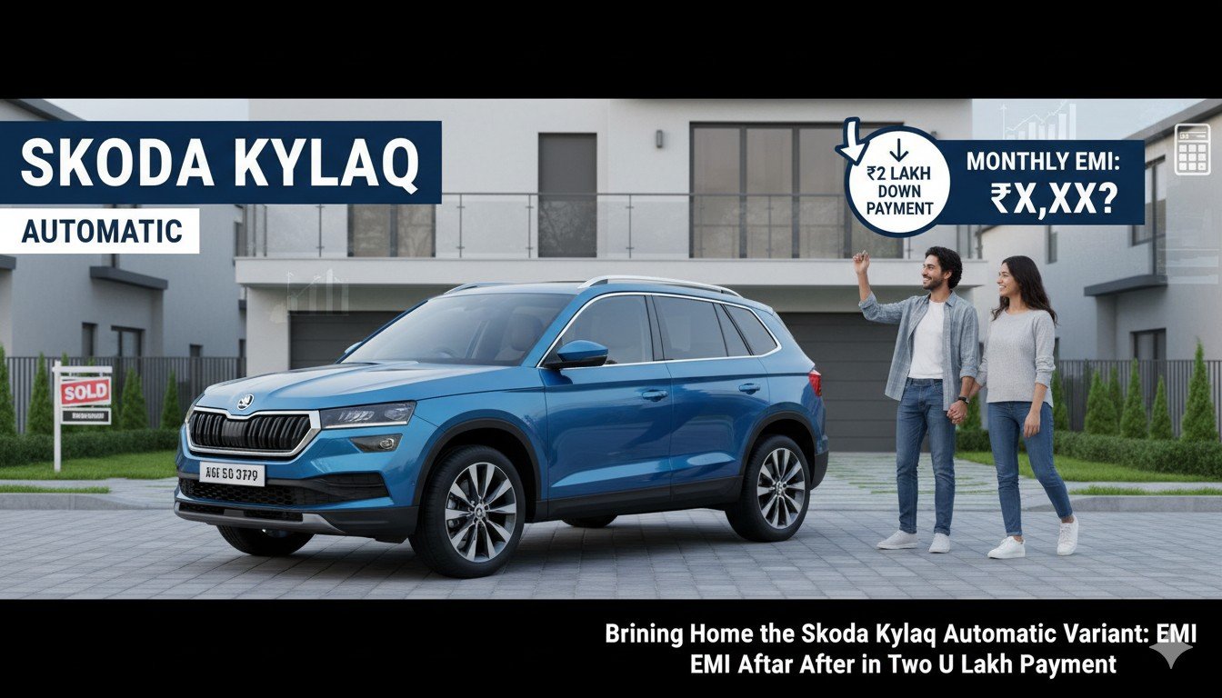स्कोडा Kylaq ऑटोमैटिक SUV फ्रंट व्यू, 2 लाख डाउन पेमेंट पर EMI डिटेल्स