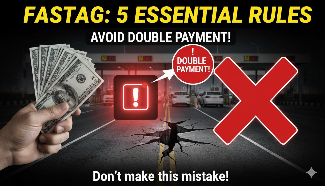 FASTag कार विंडशील्ड पर लगा हुआ दिखाता हुआ इमेज, टोल प्लाजा बैकग्राउंड में, डबल चार्ज वार्निंग के साथ