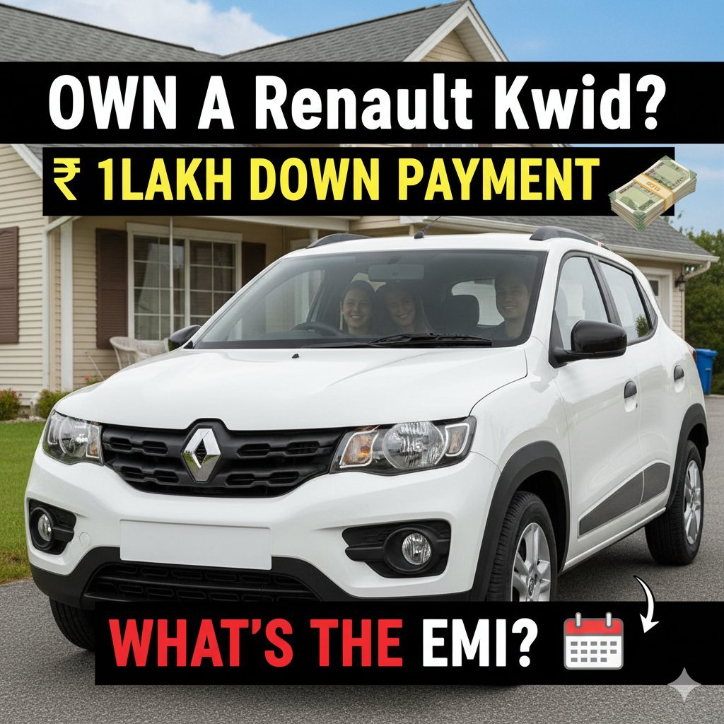 Renault Kwid base variant Authentic petrol hatchback in red color parked on road with EMI calculator overlay