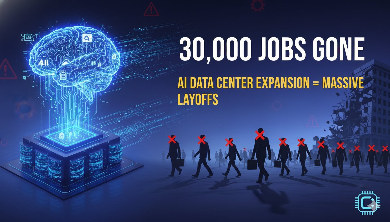 ओरेकल कंपनी का लोगो AI डेटा सेंटर बैकग्राउंड के साथ, छंटनी की खबर दर्शाता हुआ