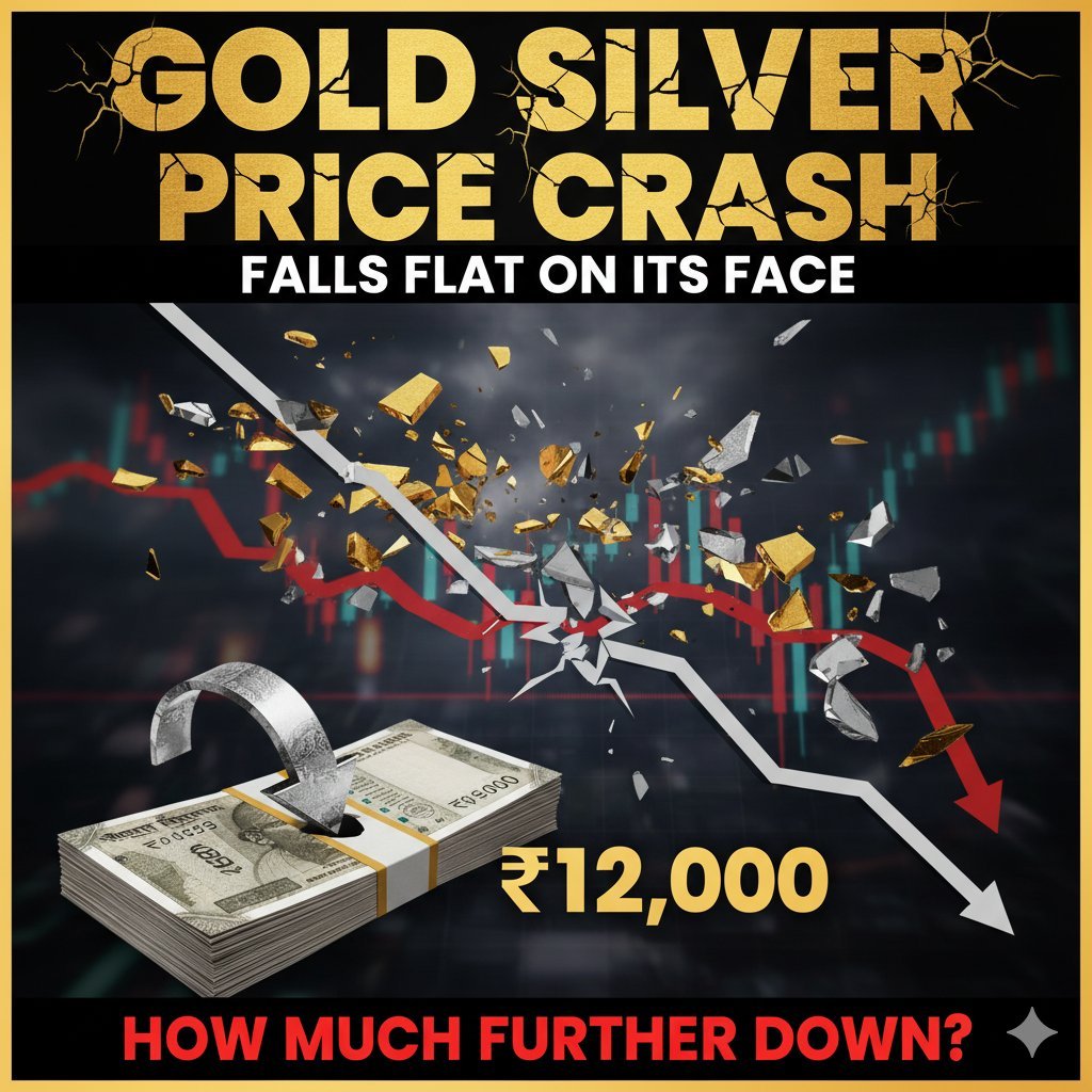 सोना और चांदी के सिक्के गिरते हुए दिखाते ग्राफ के साथ भाव में गिरावट का चित्र